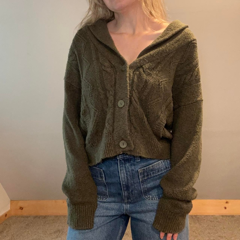 Pilcro Anthropologie Olive Green Cable knit Collared Cardigan - Picture 2 of 6